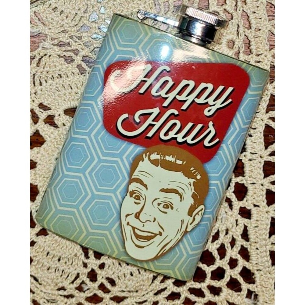 Wembley Stainless Steel 4 oz. Flask 'Happy Hour' Cheeky Humor Screw-On Lid